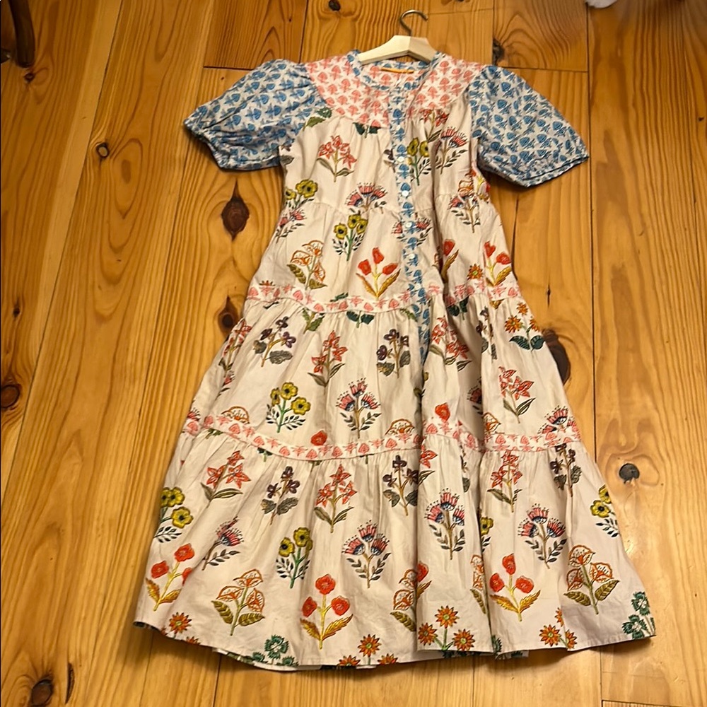 Oliphant Floral Tiered Midi Dress in Cream, Blue, Pink, Yellow, Green - Picture 1 of 4